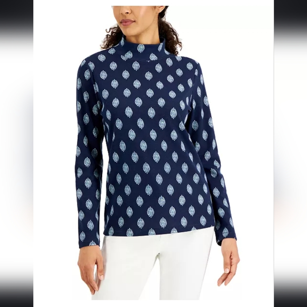 Karen Scott Mock Turtleneck S NWT Blue with teal/yellow designs